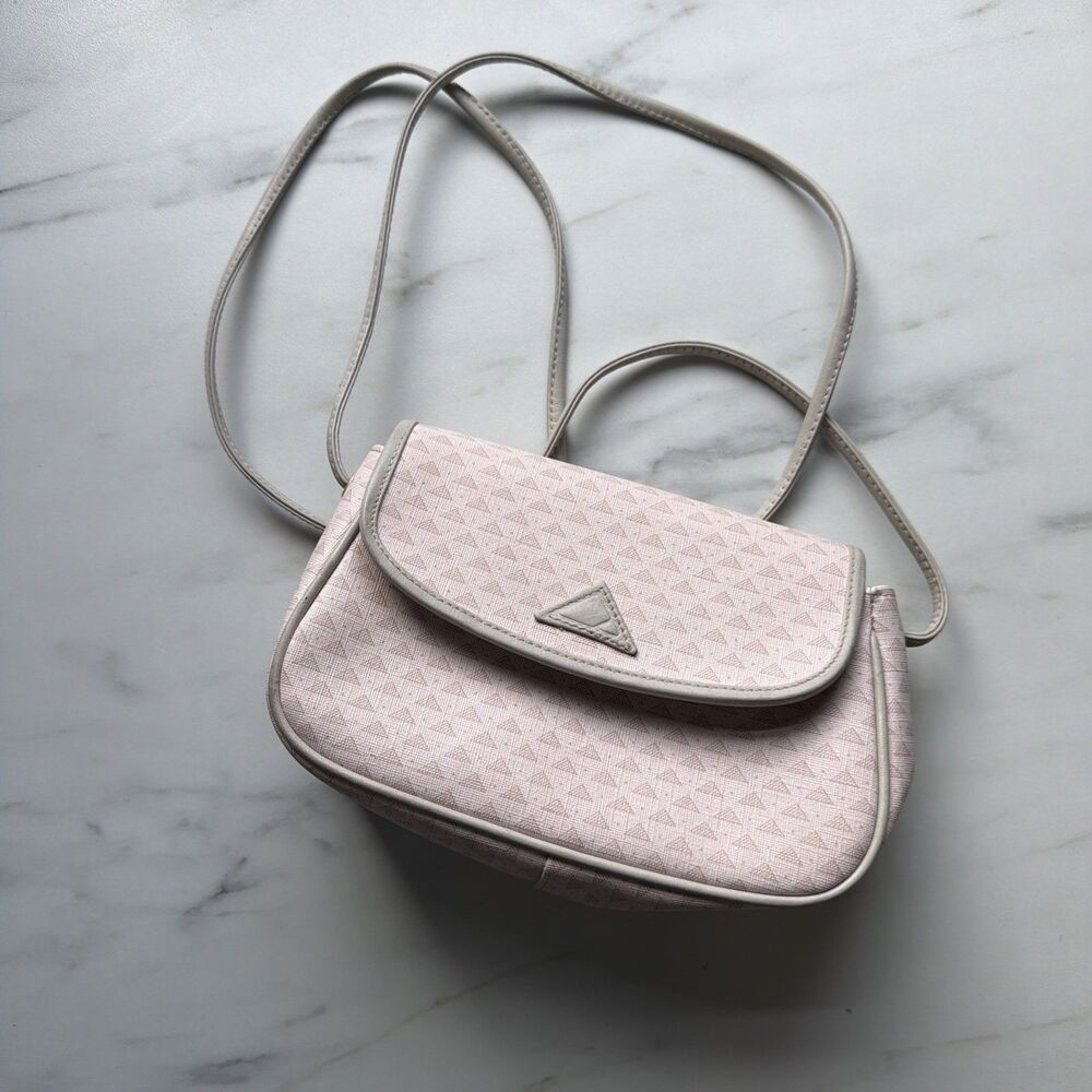 Vintage Liz Claiborne Pale Pink Tan Leather Trim Triangle Logo Crossbody Purse